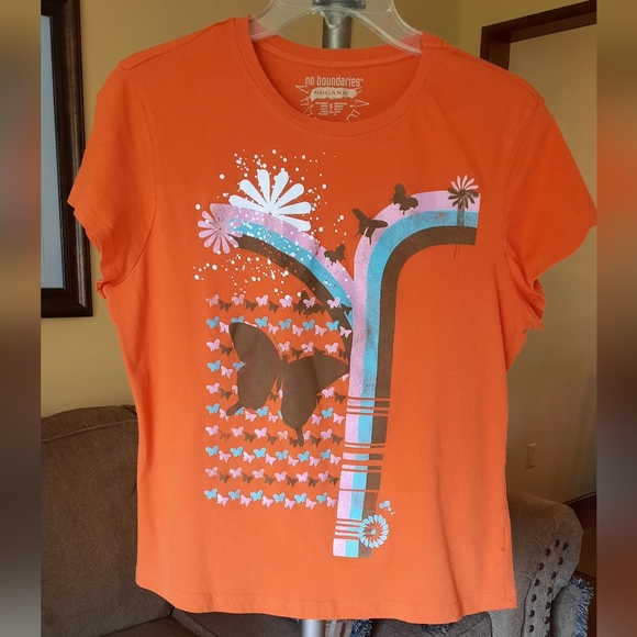 No Boundaries Tops - 🆕️ Women's Orange Distressed Butterfly T-shirt